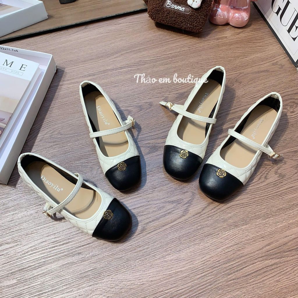 [Thảo Em - BB03 ] Giày bệt búp bê da trám nữ quai ngang đính hoa trà bánh bèo [Mã Mới]
