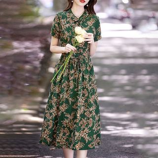 Váy nữ dáng dài vừa phải, chất liệu cotton-linen, kiểu dáng mùa hè mới, cổ áo búp bê, giúp trẻ trung, phong cách giản dị