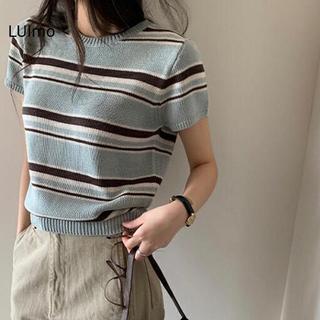 LUImo Hàn Quốc - Áo sơ mi retro sọc cổ tròn tay ngắn nữ SBS