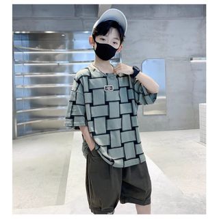 Áo thun tay ngắn cho bé trai – Cotton mỏng in họa tiết ô vuông, form rộng phong cách street mùa hè