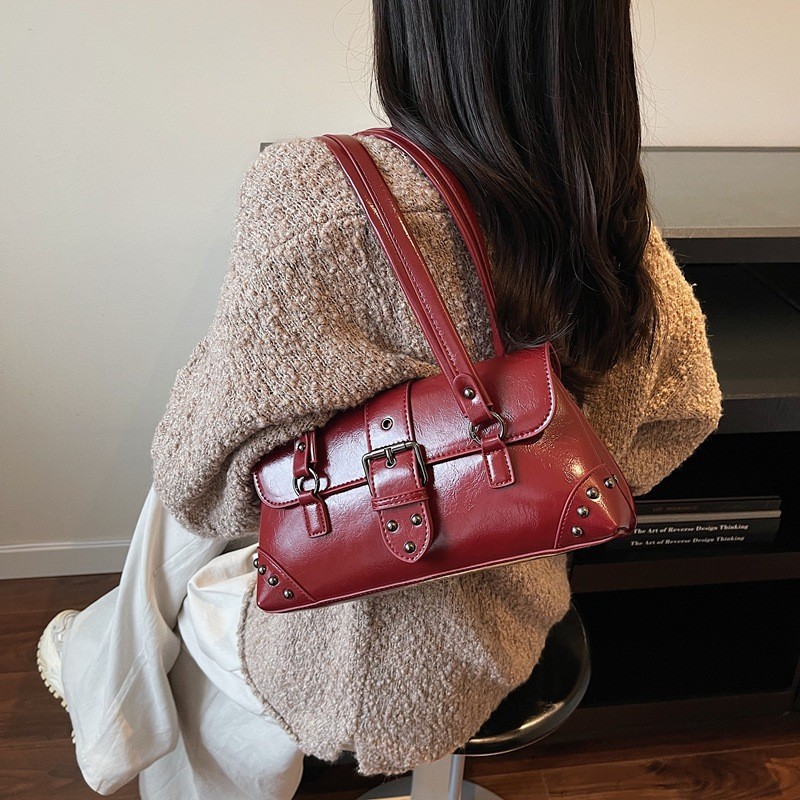 ANCO Pleated Women's Rivet Bag Vintage nhẹ sang trọng một vai túi xách