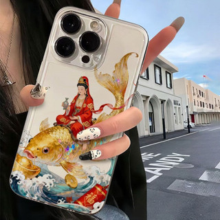 Ốp điện thoại Guanyin Phước Lành Koi cho iPhone 17Air / 16 / 15PLUS / 14 / 13pro Max / 12 / 11 / X / XS / 7 / 8, cá tính sáng tạo. Vỏ trong suốt, chống thấm nước, chống sốc, vỏ bảo vệ