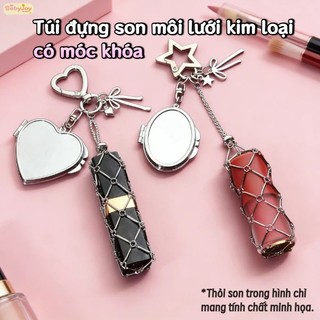 【BabyJoy】Túi đựng son môi lưới kim loại có móc khóa,thiết kế di động,Móc khóa có gương,phụ kiện túi xách