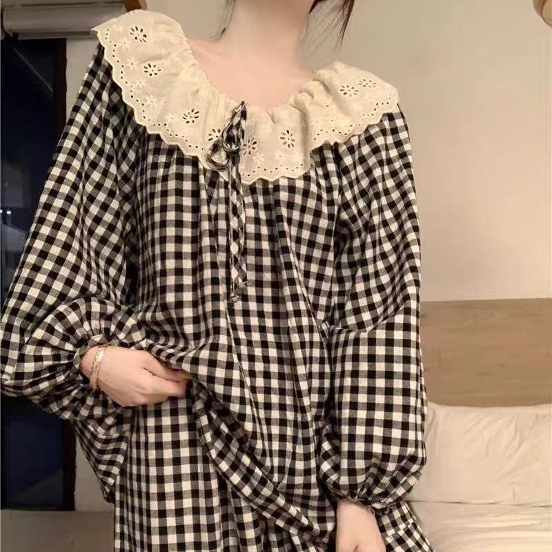 【HOT】Bộ Đồ Ngủ Hàn Quốc Dài Tay Dài Chân Bằng Cotton - Kiểu Dáng Ngọt Ngào, Đăng Ten Xinh Xắn & Cá Tính Thời Thượng | Freeship