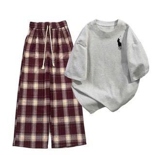 sét bộ đồ nữ Quần kẻ caro ĐỎ+ phối áo phông form unisex - in hình ngựa ở ngguc -thuba94