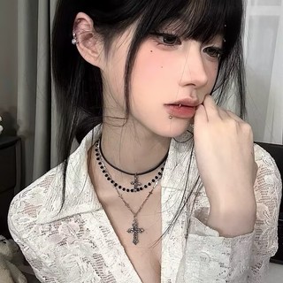 Vòng Cổ Nhiều Lớp Đá Quý và Dây Xích Xương, Phong Cách Punk Retro Y2K, Màu Tối