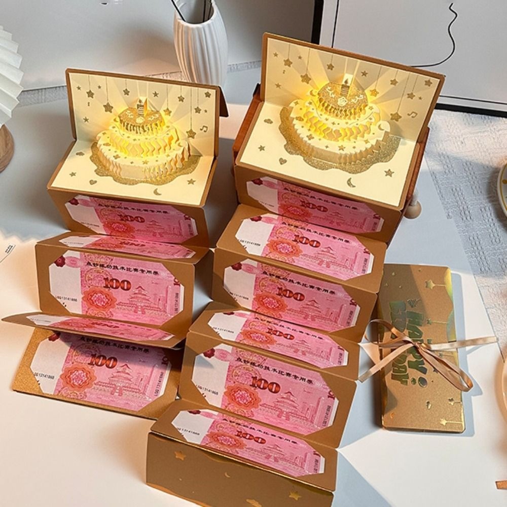 Thiệp chúc mừng sinh nhật phong bì màu đỏ EBINLANDS, Thiệp chúc mừng ánh sáng âm nhạc vàng có thể gập lại, 6 khe cắm thẻ màu đỏ sáng tạo Phong bì màu đỏ tiền năm