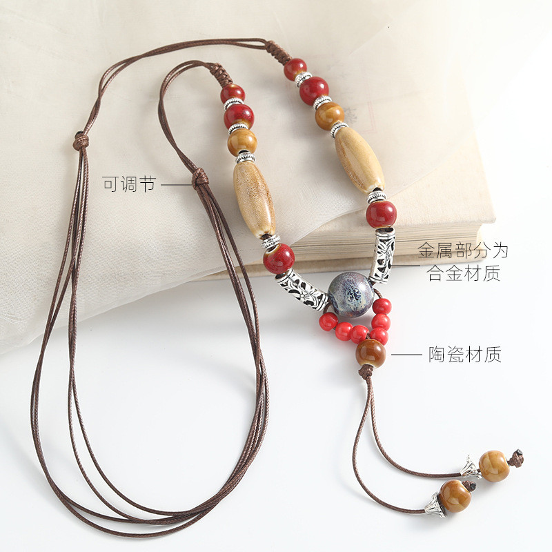 Vòng cổ gốm phong cách dân tộc retro, phù hợp với áo len dài, thiết kế sang trọng và hiện đại