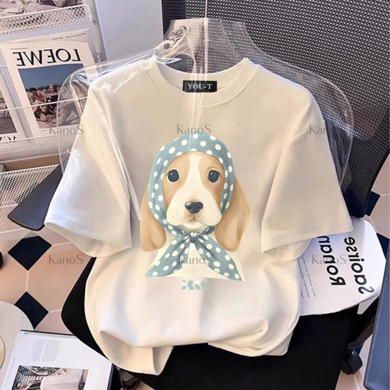 Kanos_shop | áo thun nữ form rộng, Hàn quốc dễ thương Dog print 100% cotton áo sơ mi tay ngắn