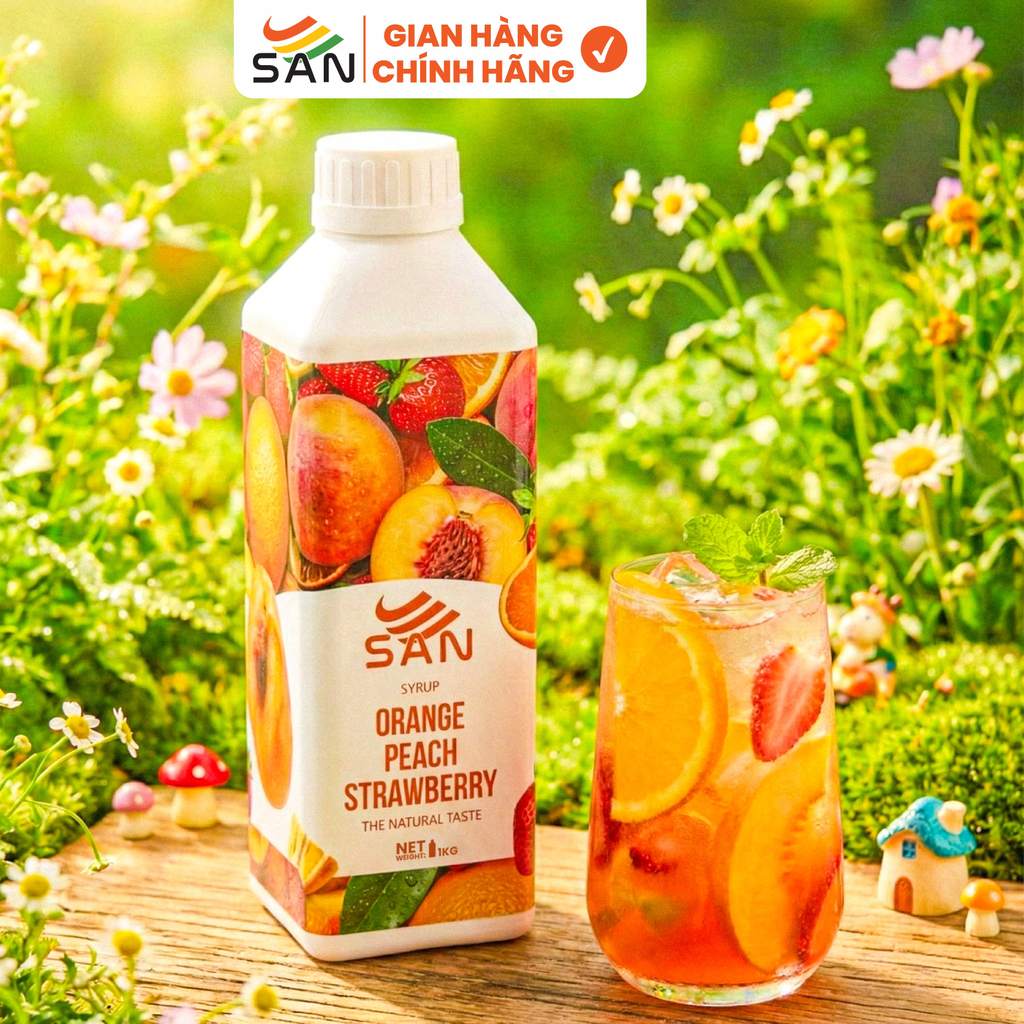 Syrup/siro CAM ĐÀO DÂU SAN Chai 1Kg, có mẫu thử 100ml, tặng công thức pha chế, hương thơm