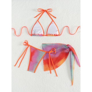 Đồ bơi bikini ba mảnh lưới dây với thiết kế cầu vồng nhiều màu sắc