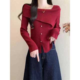 Áo Len Dệt Kim Màu Đỏ Thu Đông, Cổ Vuông, Đáy Top