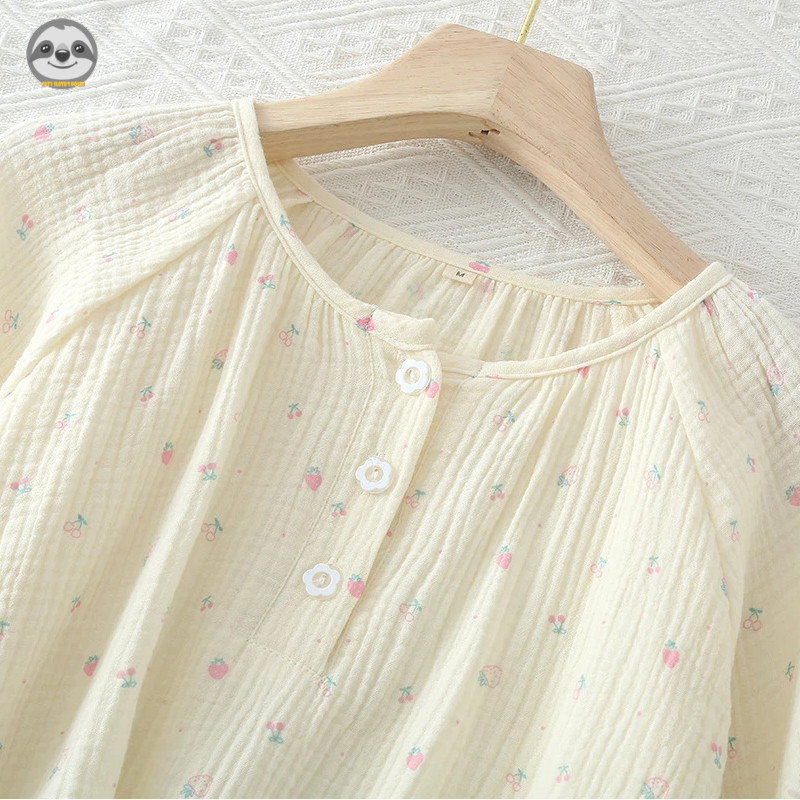 Phong cách đơn giản Nhật Bản / Bộ đồ quần dài tay cổ tròn bằng sợi cotton Seersucker dành cho nữ / Bộ đồ ngủ dài tay bằng vải cotton nguyên chất / Cotton nguyên chất B