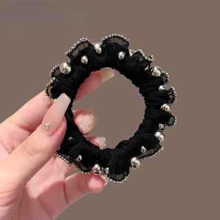 Phụ kiện tóc lụa satin bạc hạt nhỏ, thắt lưng tóc bóng, dây cao su đội đầu phong cách Hàn Quốc