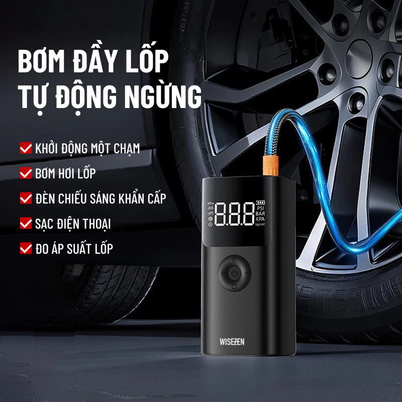 Kích Bình ô Tô Kiêm Bơm Lốp ô Tô 4 Trong 1 Wisezen Sử Dụng Bộ Kẹp Thông Minh An Toàn Chống Ngược Cực