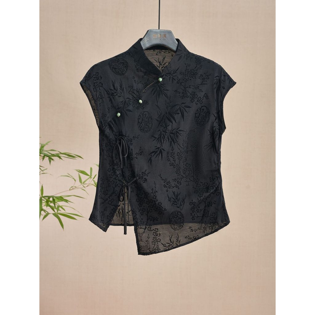 [Hàng mới về] Áo sơ mi sườn xám phong cách dân tộc Trung Quốc retro, jacquard đen, vai áo thun ngắn tay, phù hợp mùa hè