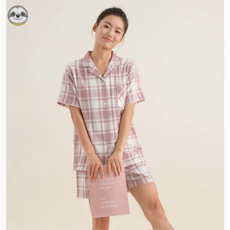 Phong cách Nhật Bản Muji Style / Cặp đôi kẻ sọc Cotton nguyên chất Quần short ngắn tay Loungewear / Nam Nữ Mùa hè mát mẻ Loungewear / Bộ đồ ngắn tay thoáng khí thoải mái