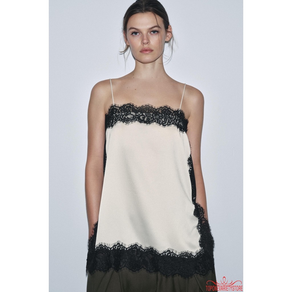 Topone Áo Croptop Nữ Mùa Hè Ren Viền Xe Satin Spaghetti Dây Đeo Rời