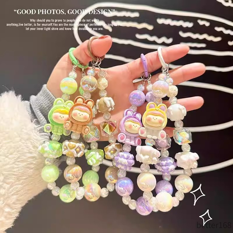 Dây đeo điện thoại hạt ngọc phi hành gia thỏ, móc khóa chống thất lạc, quà tặng cute cho bé trai bé gái