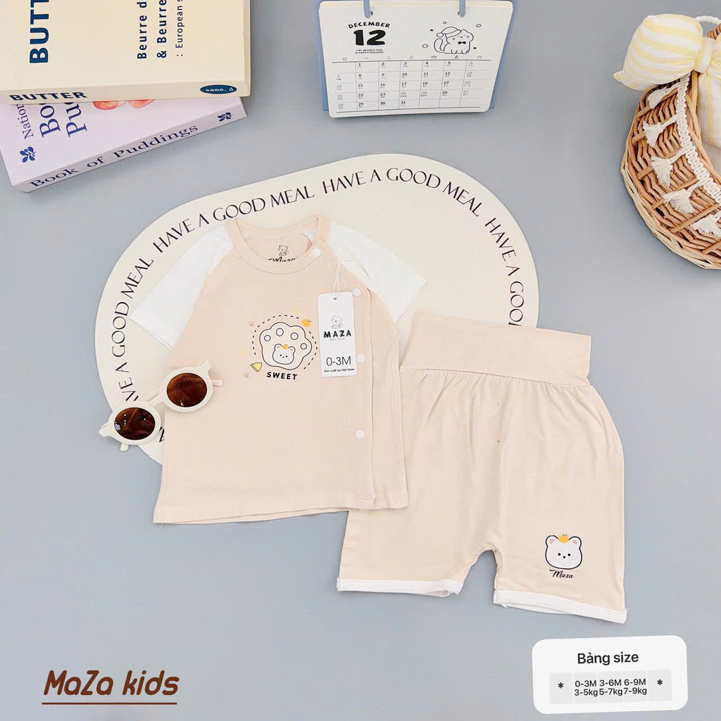 [A129 Mềm-Không bai nhão] Bộ quần áo cộc cạp cao cúc chéo vải peptit cho bé 0-9 tháng