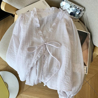 Voan Rời Cardigan Ngọt Ngào Chống Nắng Áo Sơ Mi Ren-Up Nơ Hàng Ngày Màu Trơn Nữ Mùa Hè Mỏng Nhỏ Phối Ren Hàng Đầu