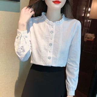 Áo sơ mi nữ cổ bèo mới, chất liệu cotton nguyên chất, áo thun dệt kim thêu họa tiết jacquard thời trang