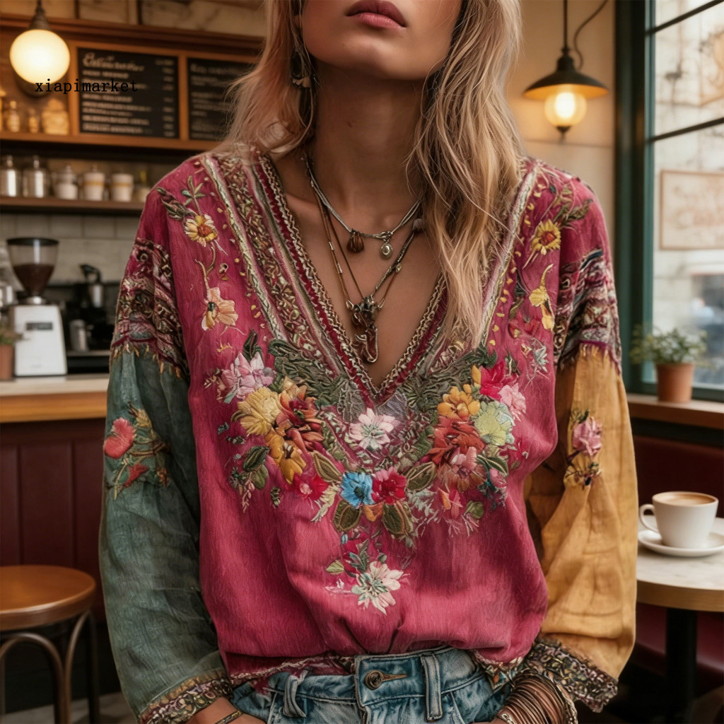 XIA | Áo Phông Chữ A Cổ Chữ V Tay Dài Thêu Hoa Phong Cách Bohemian Dân Tộc