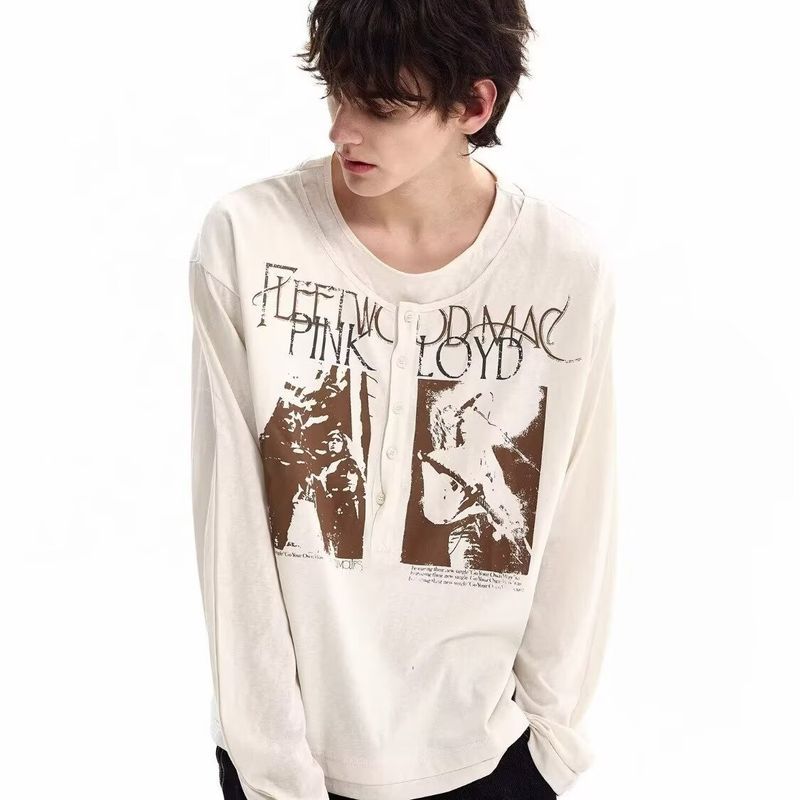 Áo thun dài tay Henley in họa tiết cổ điển kiểu Mỹ