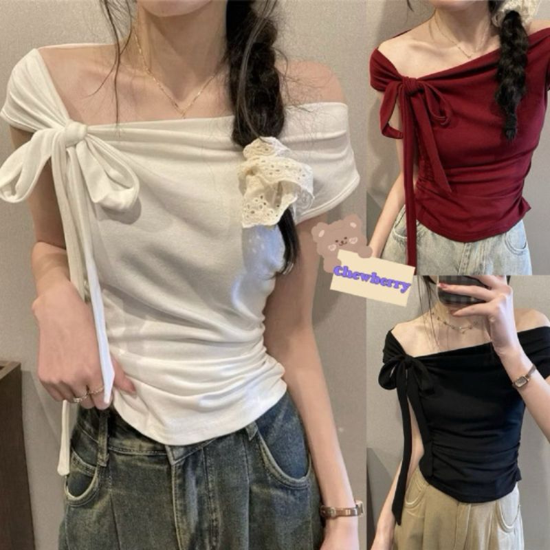 Áo Kiểu Croptop Trễ Vai Kèm Dây Buộc Nơ Nữ Siêu Tôn Dáng - Sam botique