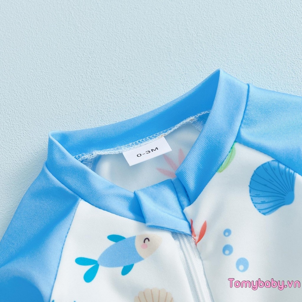Trẻ Sơ Sinh Bé Trai Đồ Bơi Cá Vỏ Biển In Tay Dài Trên Dây Kéo Rash Guard Đồ Bơi Có Mũ Chống Nắng