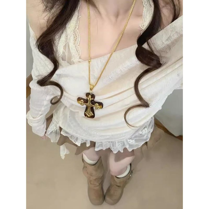 Pure Desire Phong Cách Dây Ren Dây Cổ Dây Sling Áo Thun Dài Tay Nữ Mùa Xuân Tính Khí Mỏng Hơn Nhìn Một @ -