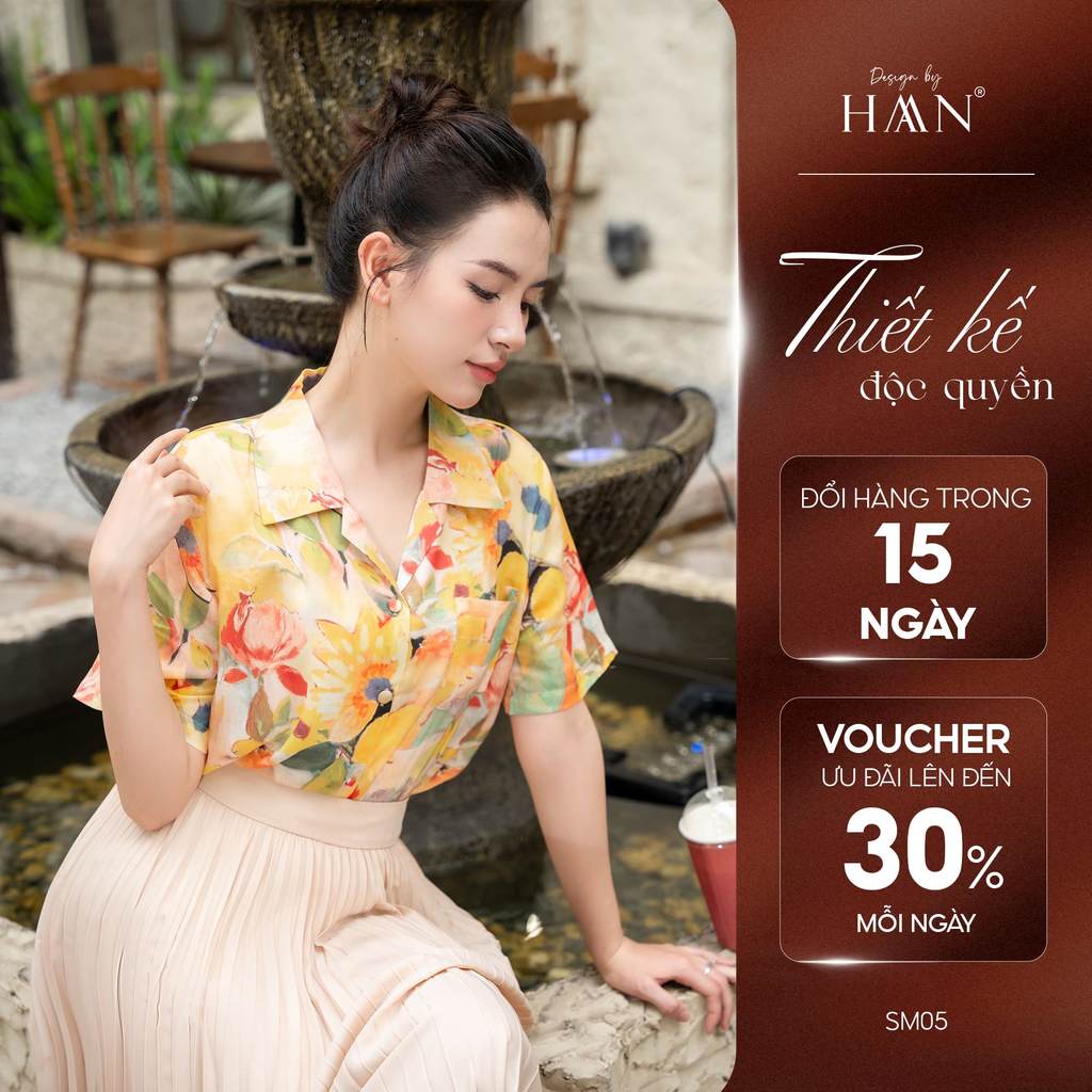 Áo sơ mi hoa nữ cộc tay cổ vest HAANDESIGN thiết kế công sở chất liệu tơ, sợi cao cấp mềm đẹp FORM TO màu vàng (SM05)