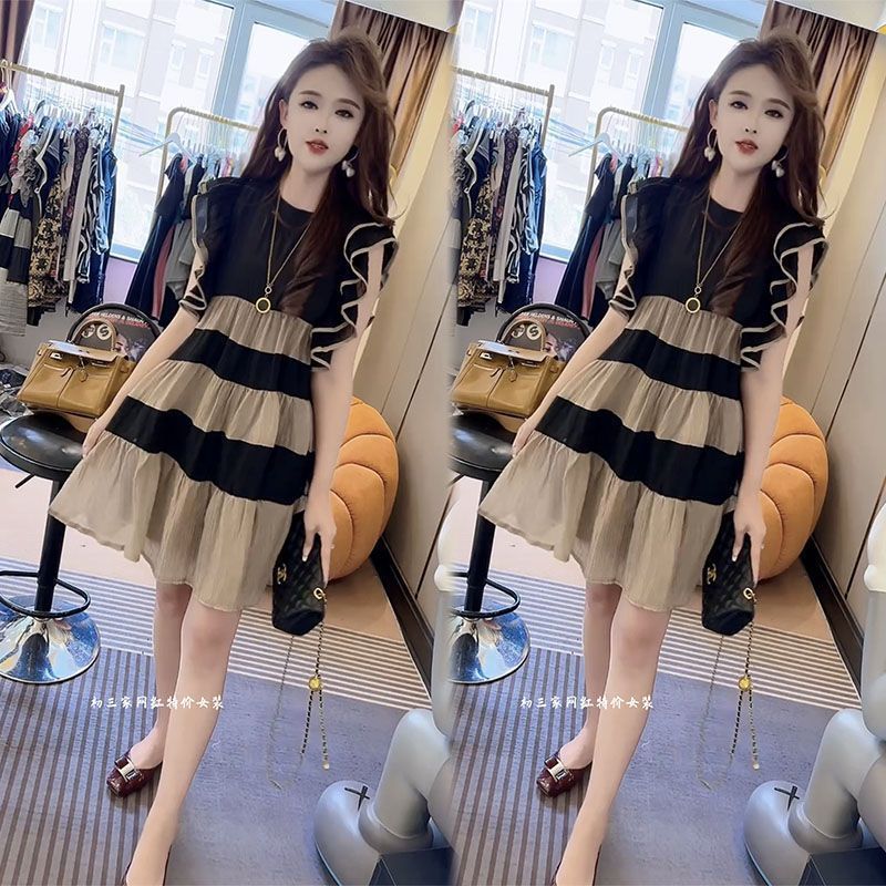 Váy Liền Không Tay,Kiểu Tây Trẻ Trung Ngọt Ngào,Mẫu Mới Mùa Hè, Váy Dài Vừa Màu Tương Phản Màu Sọc Thon Gọn Rộng Rãi