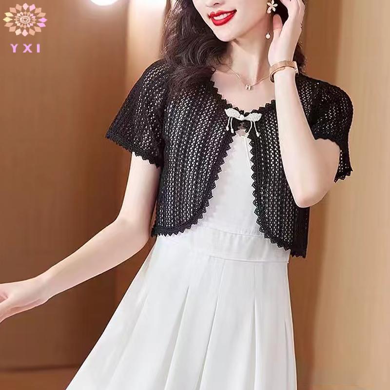 Cardigan nữ mùa hè chất liệu ren rỗng, tay ngắn, màu trơn mới
