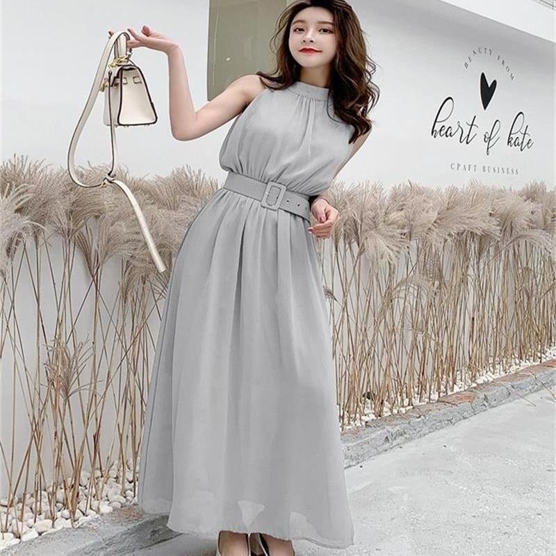 Váy voan nữ, kiểu dáng mùa hè mới, phiên bản Hàn Quốc, ôm dáng, váy dài không tay dành cho bãi biển.