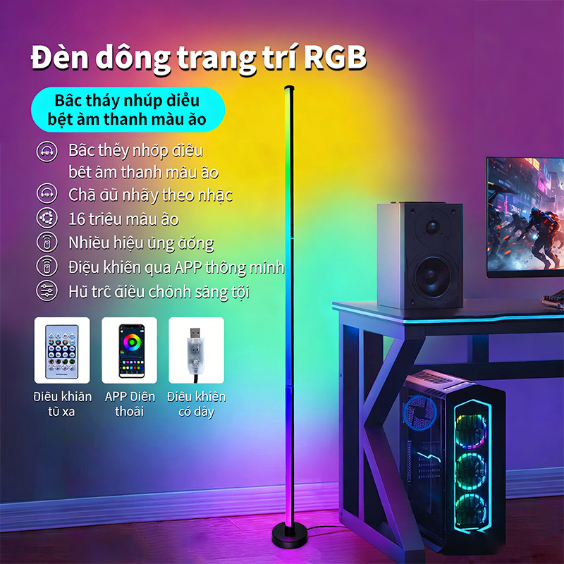 Cây Đèn LED RGB Cao 120cm Nháy Theo Nhạc - Đèn Decor Phòng, Trang Trí PC & Tivi, Có APP & Remote