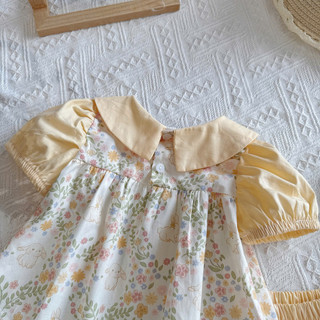 [8-26kg] Set Bộ Cổ Sen Cộc Tay Đính Nơ Cho Bé Gái Chất Thô Lụa Xanh- Vàng