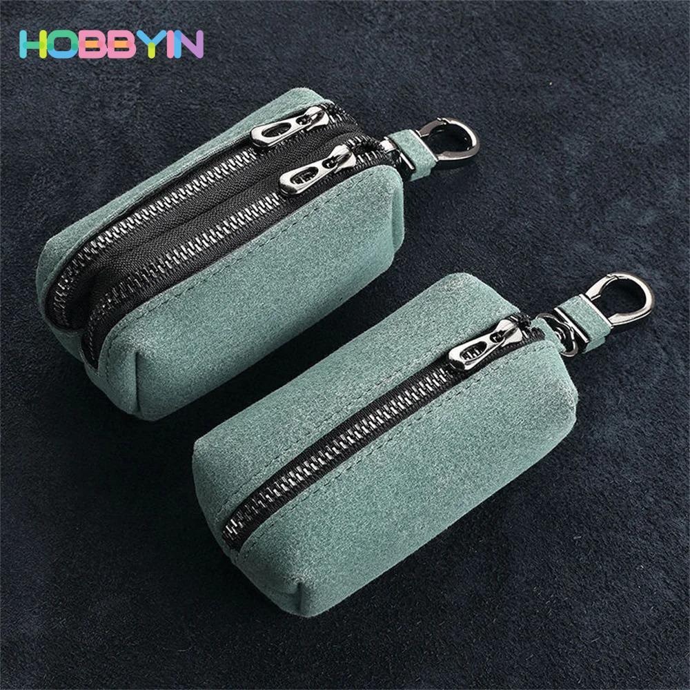 Ví đựng móc khóa HOBBYIN, Túi đựng chìa khóa da lộn có dây kéo, Ví đựng tiền xu đa chức năng dung tích lớn di động dành cho nam nữ