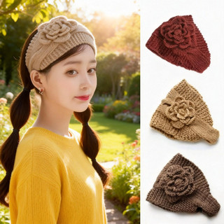 Băng đô dệt kim Camellia ấm áp mùa đông, cạnh rộng - Phụ kiện thời trang bảo vệ tai khi đi xe đạp