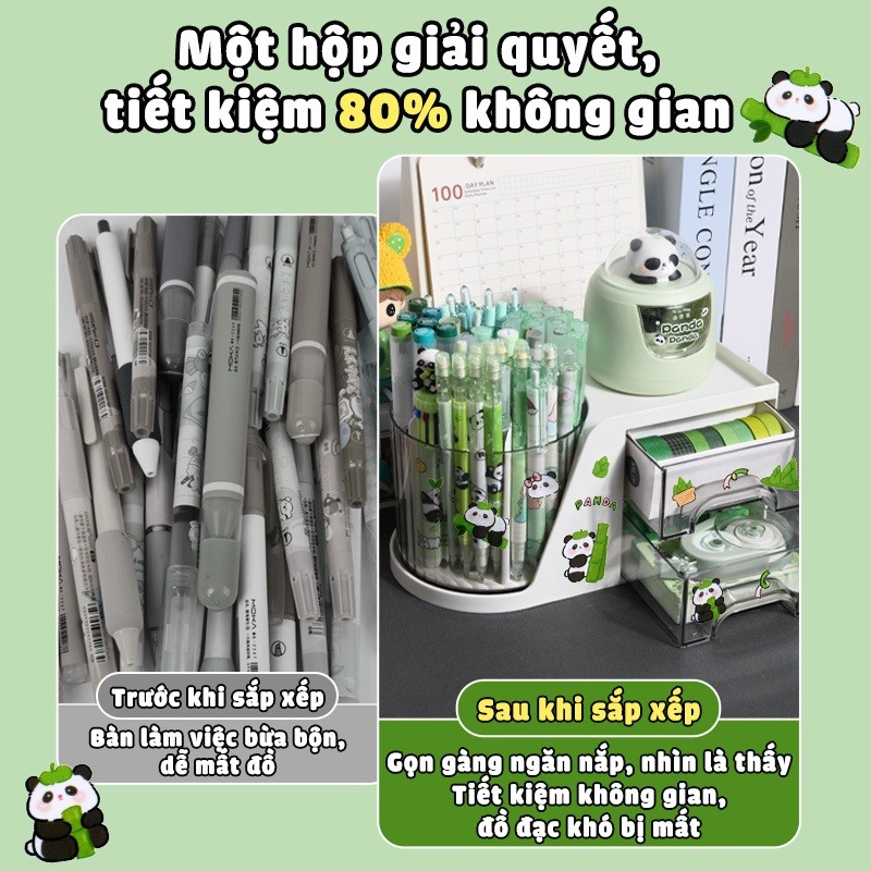 Hộp đựng bút để bàn dễ thương - Kệ đựng mỹ phẩm xoay 360 độ kèm nhãn dán gấu trúc, tiện lợi cho học sinh
