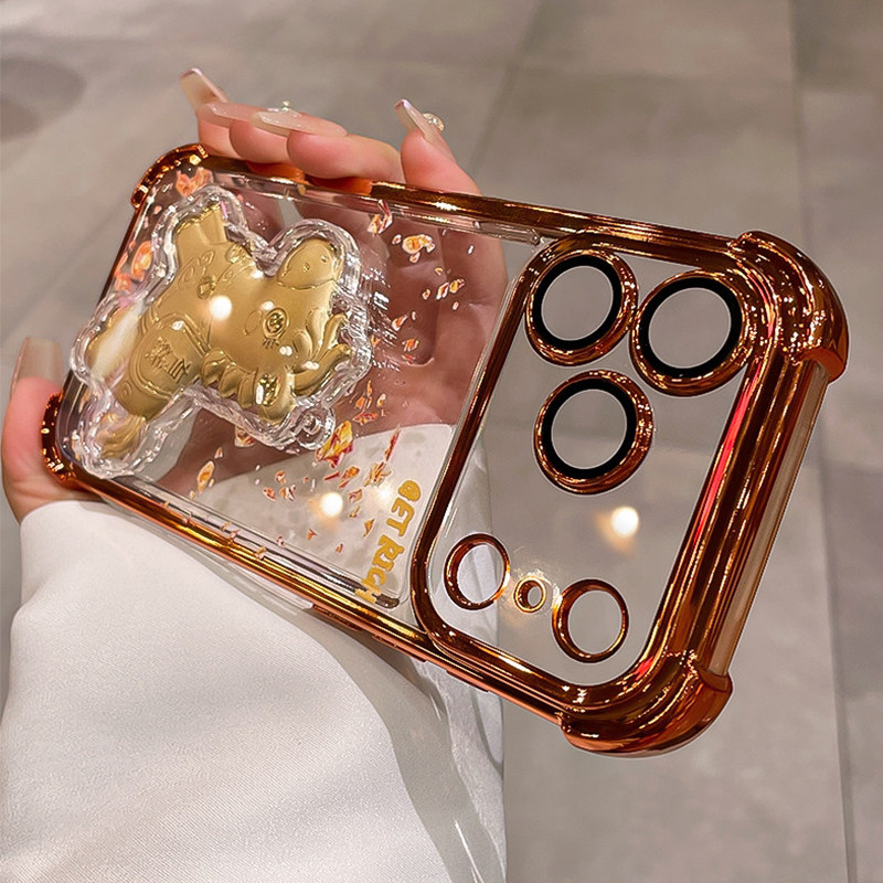 Ốp điện thoại trong suốt 3D Rich Golden Horse cho iPhone 17 16 15 14 13 12 11 ProMax Air Plus Vỏ mềm mạ chống sốc
