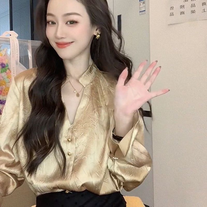 Pháp Cổ Chữ v Vàng Vàng Dài Tay Áo Sơ Mi Nữ Xuân Thu Đáy Áo Sơ Mi Thiết Kế Cao Cấp Retro Sang Trọng Hàng Đầu