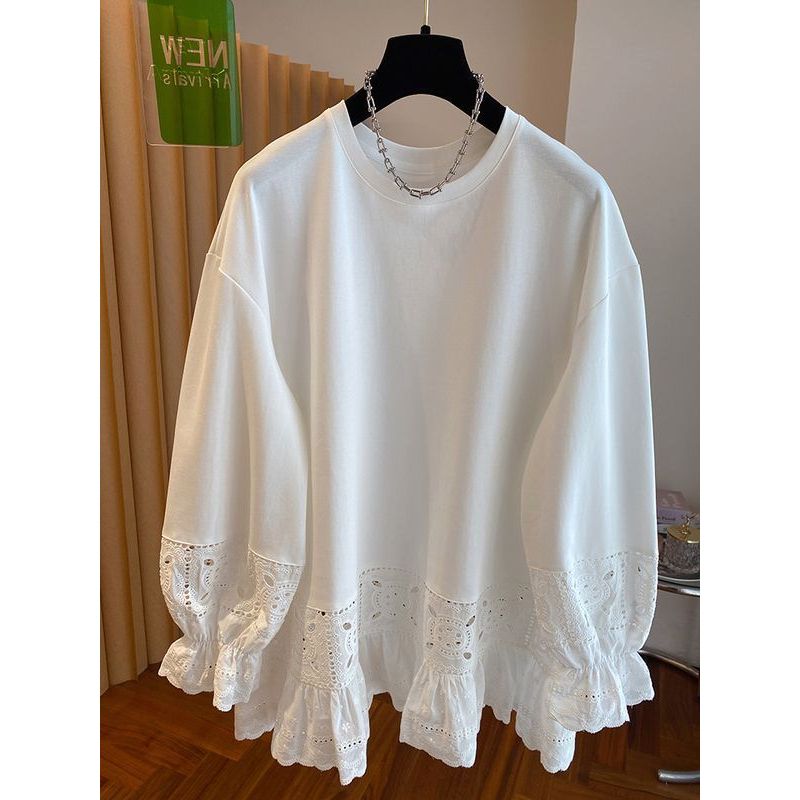<![Little Cute Wear] Áo sơ mi ren móc màu trắng size lớn, phong cách mới với cổ tròn và đáy áo