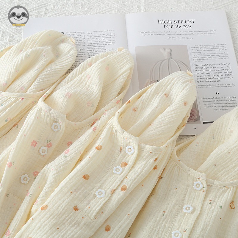 Phong cách đơn giản Nhật Bản / Bộ đồ quần dài tay cổ tròn bằng sợi cotton Seersucker dành cho nữ / Bộ đồ ngủ dài tay bằng vải cotton nguyên chất / Cotton nguyên chất B