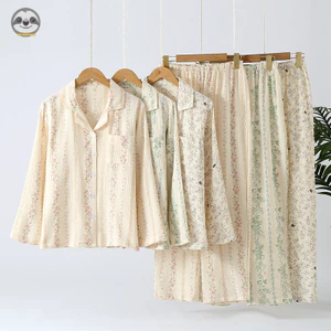 Bộ đồ ngủ dài tay sọc hoa nguyên chất dành cho nữ / Quần dài tay phong cách rừng có ve áo Cardigan Bộ đồ ngủ / Mùa xuân thu có thể mặc bên ngoài Bộ đồ Loungewear / Cotton nguyên chất thấm mồ hôi thoáng khí