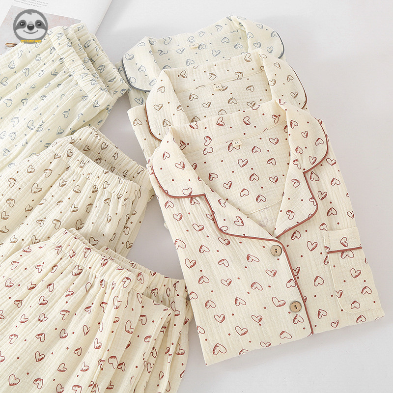 Bộ đồ ba mảnh từ sợi cotton nguyên chất hai lớp, phù hợp mùa xuân và thu, thoải mái mặc trong nhà