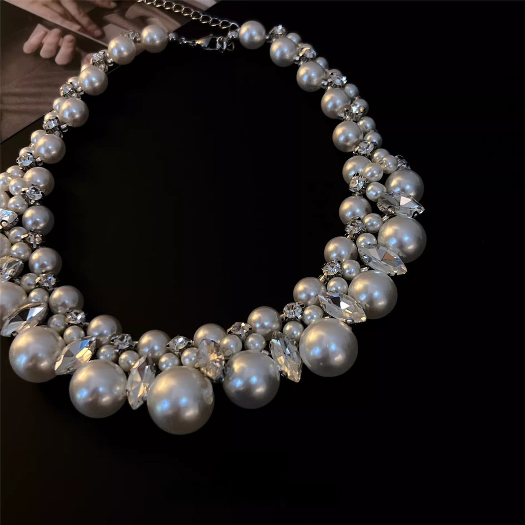 Dây Choker Ngọc Trai Đính Đá Lấp Lánh Phong Cách Vintage Pháp Cao Cấp Phụ Kiện Trang Phục Cô Dâu
