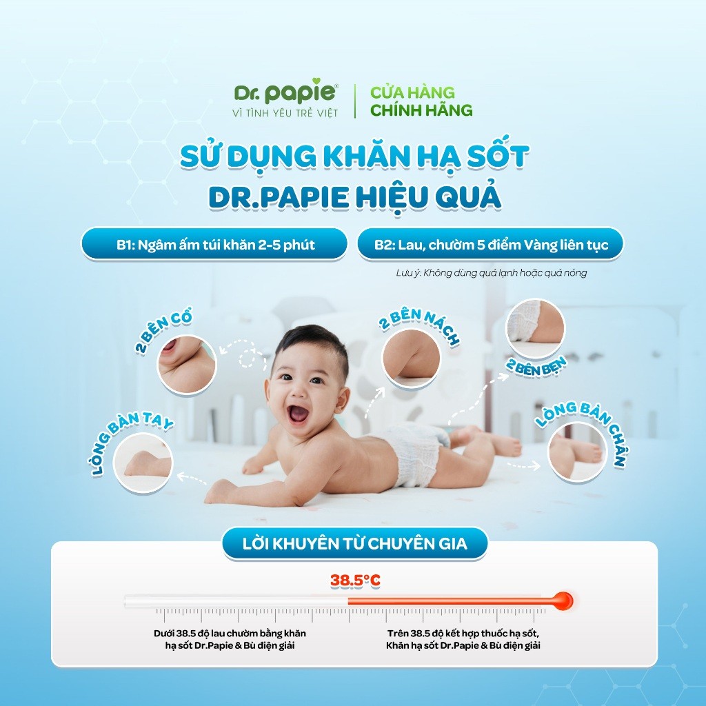 [Live] Khăn Hạ Sốt Thảo Dược Giảm Sốt Nhanh Chóng Ngăn Ngừa Co Giật Dr.Papie 3mo+ (25 khăn/hộp) Dành Cho Bé 3 Tháng