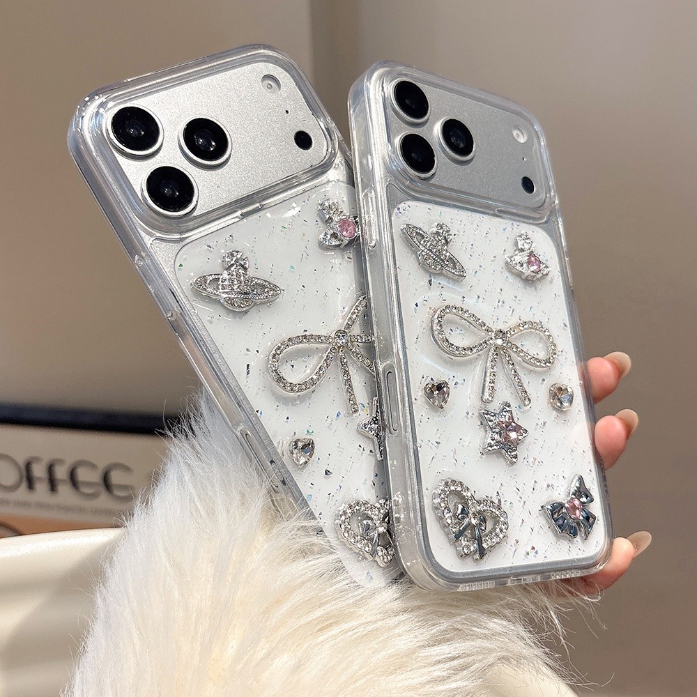 Ốp Điện Thoại Nhựa Nơ Kim Cương 3D Cho iPhone 17 Pro Max 16 15 14 13 Vỏ Bảo Vệ Chống Sốc