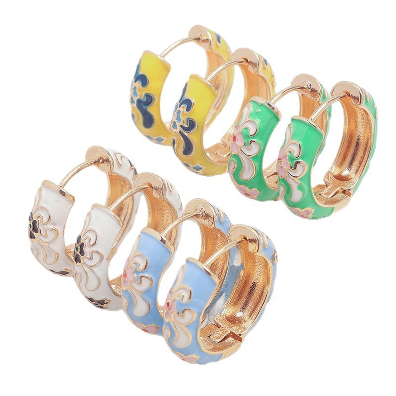 Bông Tai Vòng Tròn Hoa Nhiều Màu Sắc Với Chi Tiết Nhỏ Giọt - Style Trung Quốc